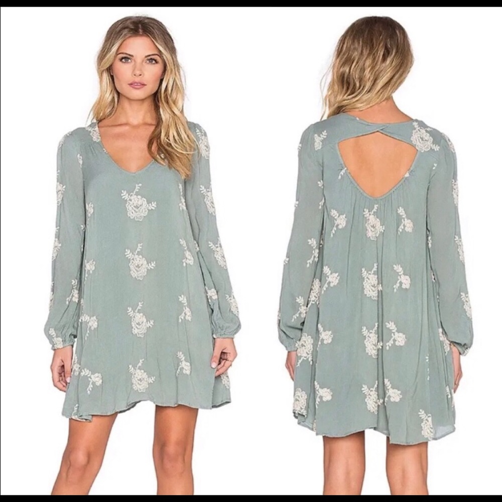 Free People Olive Green Mini Dress with Cream Floral Embroidery - Picture 8 of 8